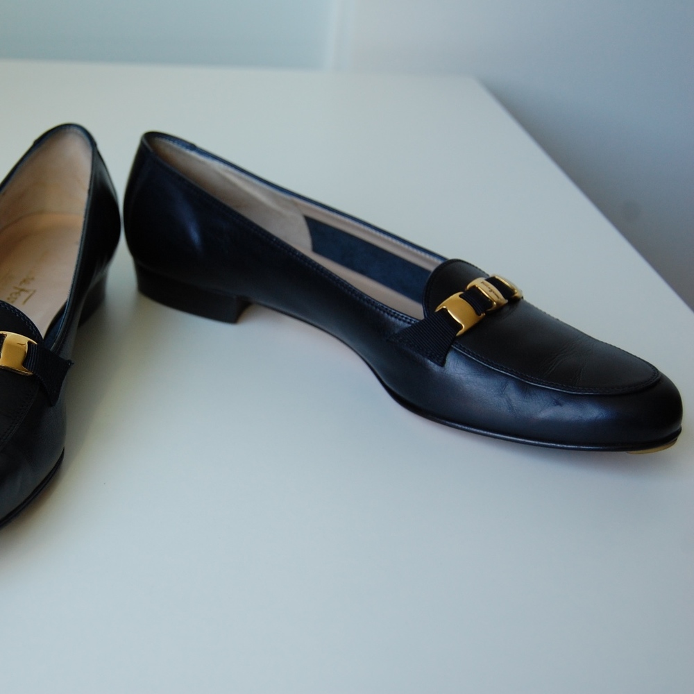 Ferragamo Navy Leather Ponza Loafers